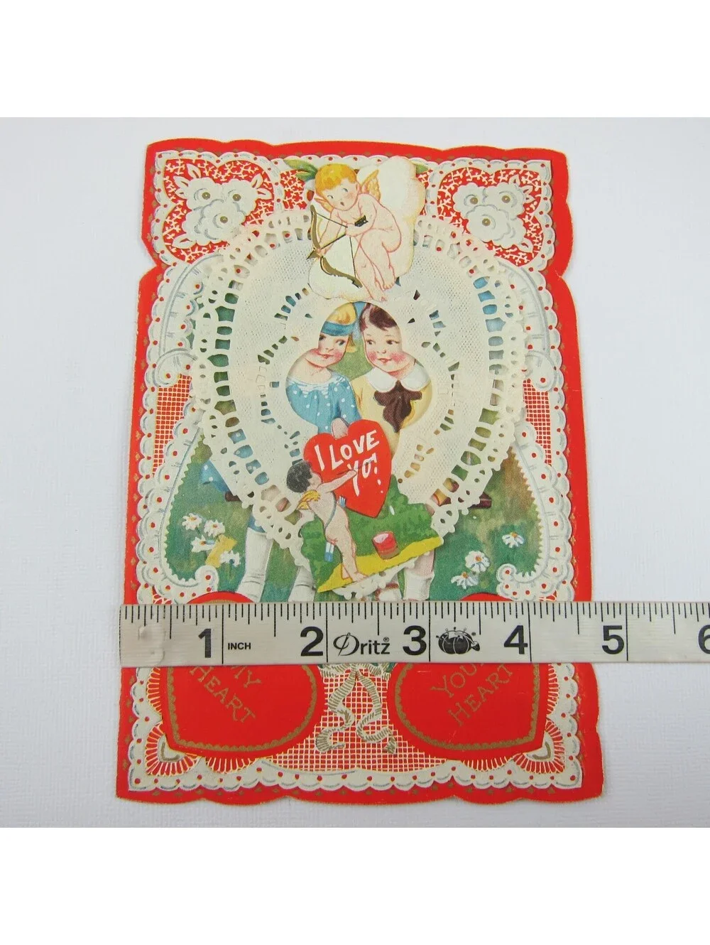 Antique Valentine Blonde Girl Blue Dress Boy Swing Cupid Daisy Flowers UNSIGNED
